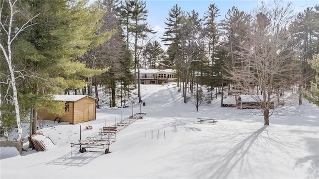 yard covered in snow featuring a shed and an outdoor structure