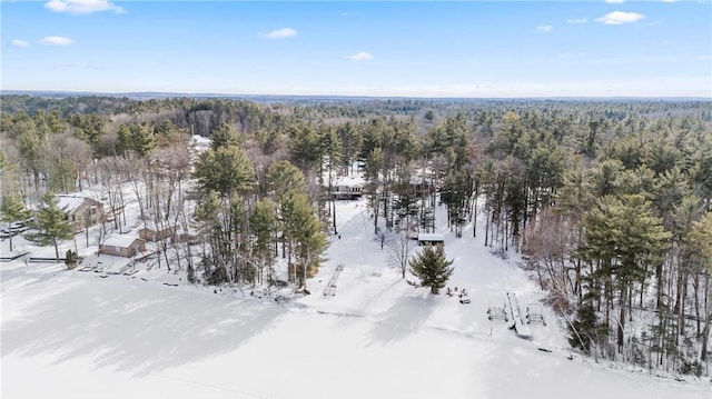 snowy aerial view with a wooded view
