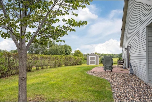 view of yard featuring an outdoor structure, a patio, and a storage shed