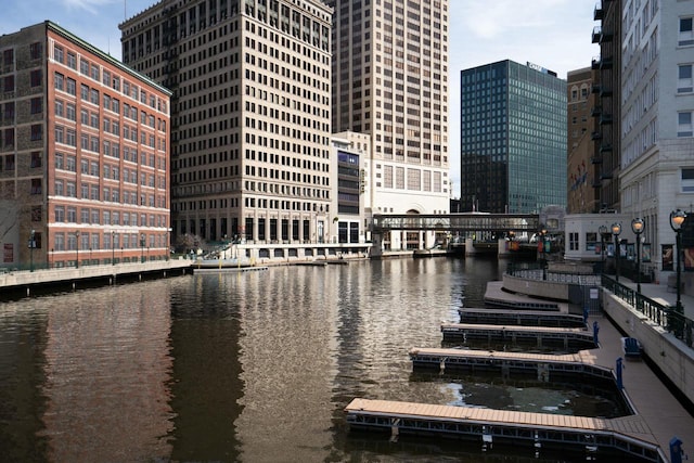 view of water feature featuring a city view and a floating dock