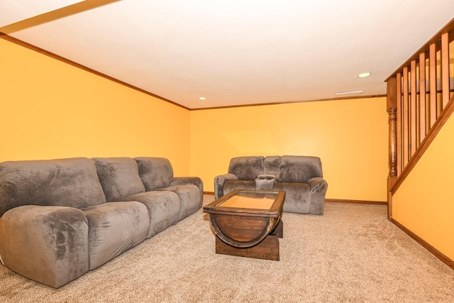 living room with baseboards, light carpet, stairway, and crown molding