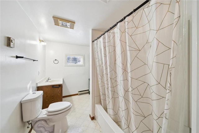 bathroom featuring a baseboard radiator, vanity, toilet, shower / bath combo with shower curtain, and tile patterned floors