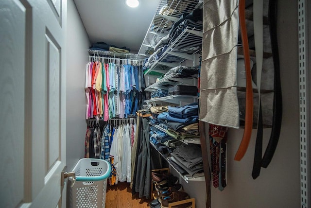 walk in closet with wood finished floors