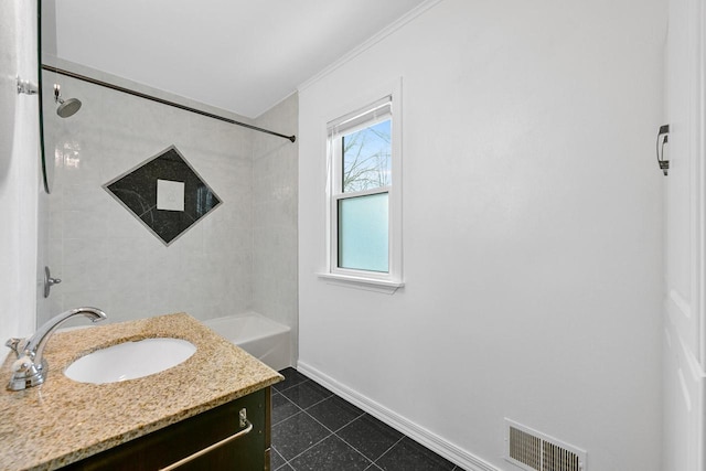 full bath featuring vanity, ornamental molding, visible vents, baseboards, and tile patterned flooring