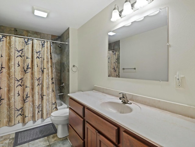 bathroom with toilet, shower / bath combo with shower curtain, and vanity