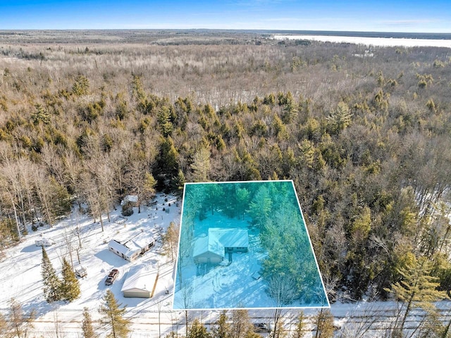 birds eye view of property featuring a wooded view