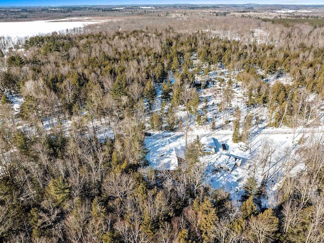 snowy aerial view with a wooded view