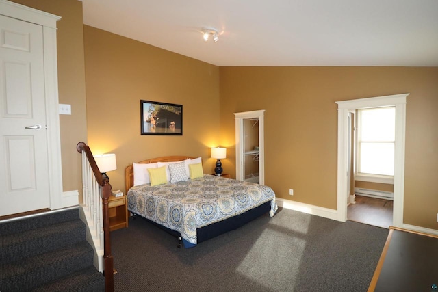 bedroom with baseboards, lofted ceiling, a spacious closet, baseboard heating, and carpet flooring