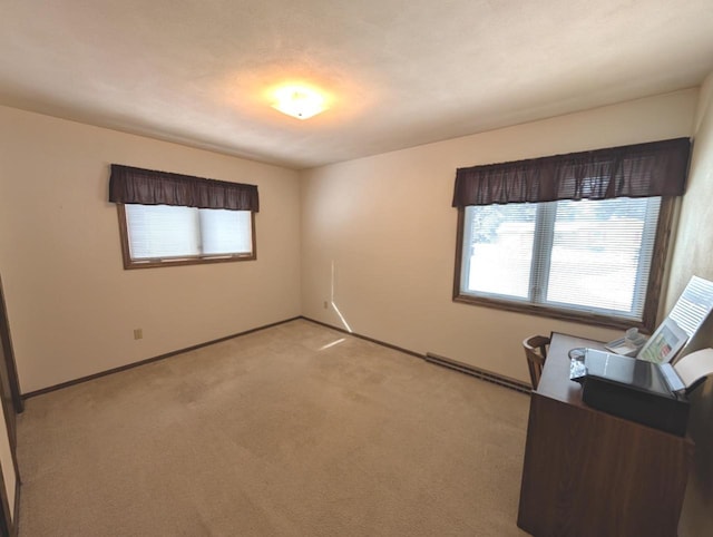 interior space with baseboards and light colored carpet