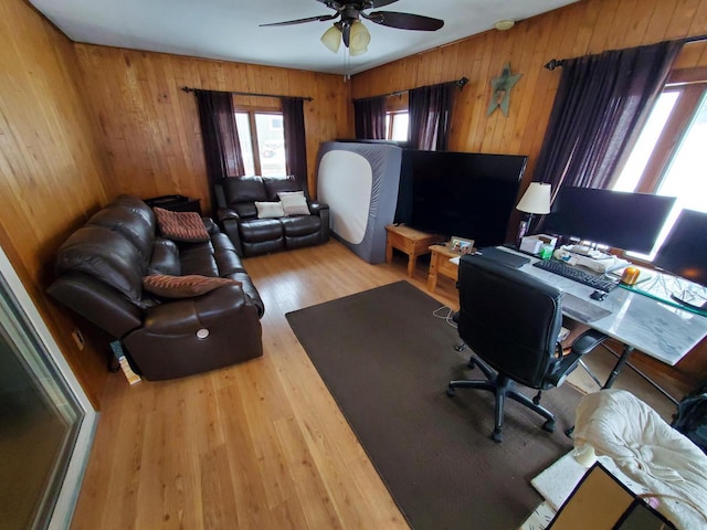 home office with ceiling fan, wood finished floors, and wooden walls