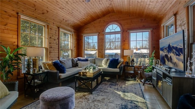 interior space with wooden ceiling and vaulted ceiling