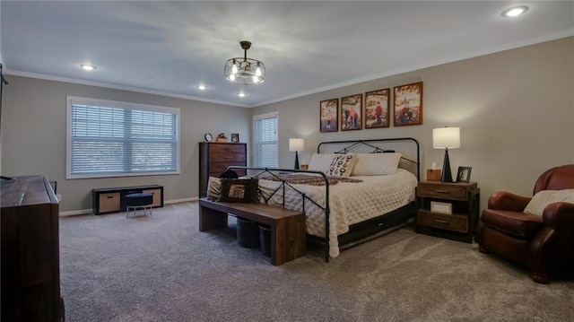 bedroom featuring baseboards, carpet floors, recessed lighting, and crown molding