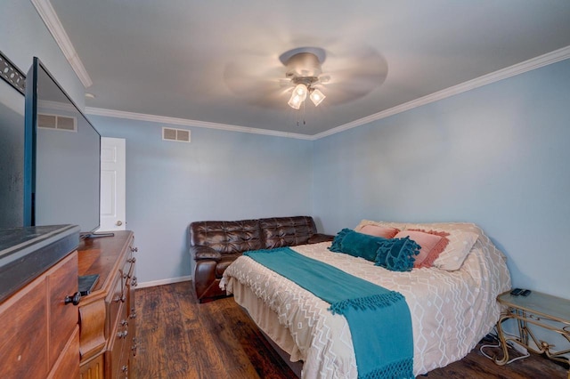 bedroom with crown molding, visible vents, dark wood-type flooring, ceiling fan, and baseboards