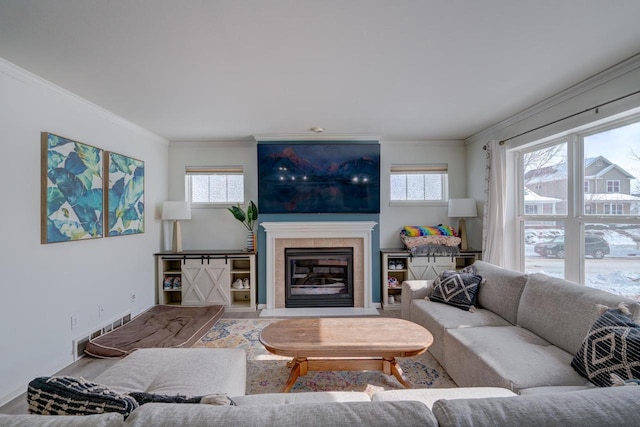 living room featuring a fireplace, ornamental molding, and a wealth of natural light