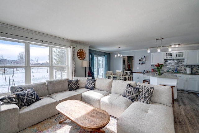 living room with a notable chandelier, wood finished floors, and crown molding