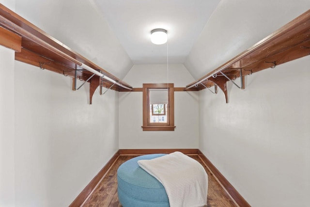 spacious closet featuring dark wood-style floors and vaulted ceiling