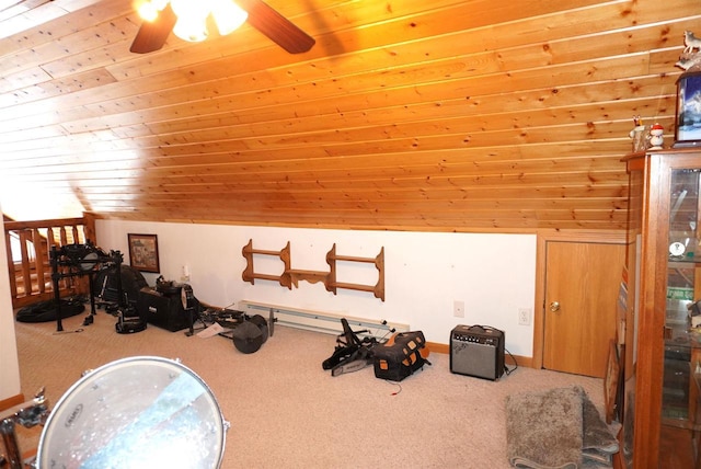 workout area featuring lofted ceiling, wooden ceiling, carpet, and a ceiling fan