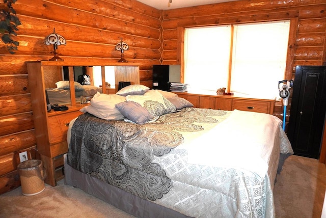 bedroom with carpet and rustic walls