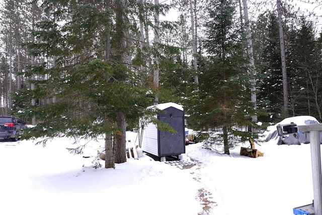 snowy yard with a shed and an outbuilding