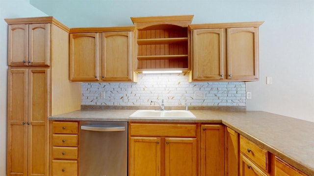 kitchen featuring open shelves, tasteful backsplash, light countertops, a sink, and dishwasher