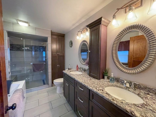 full bath featuring a sink, a shower stall, toilet, and double vanity