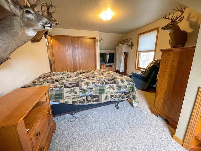 bedroom featuring a closet and light carpet