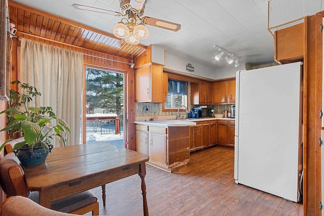 kitchen featuring light wood finished floors, brown cabinetry, freestanding refrigerator, light countertops, and a sink