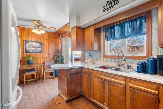 kitchen with light countertops, brown cabinetry, a sink, plenty of natural light, and fridge