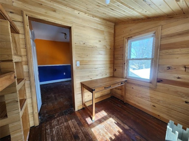 interior space featuring dark wood-style floors, wood ceiling, and wood walls