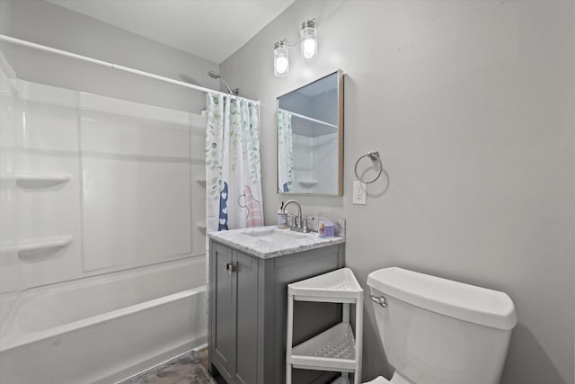 full bathroom featuring toilet, shower / bath combination with curtain, and vanity