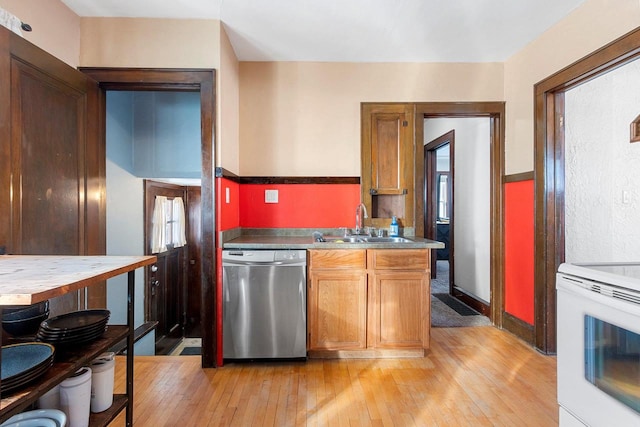 kitchen featuring electric range, stainless steel dishwasher, light wood-style floors, and brown cabinets