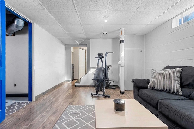 exercise room with a drop ceiling, wood finished floors, and concrete block wall