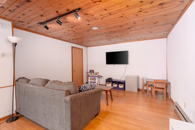 living room featuring light wood-style floors, wood ceiling, a baseboard heating unit, and crown molding