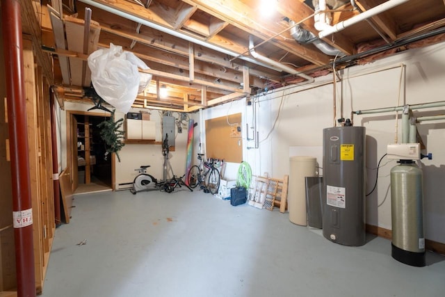 unfinished basement with electric water heater and electric panel