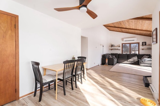 dining room with wood ceiling, a wall unit AC, light wood-style flooring, and lofted ceiling with beams