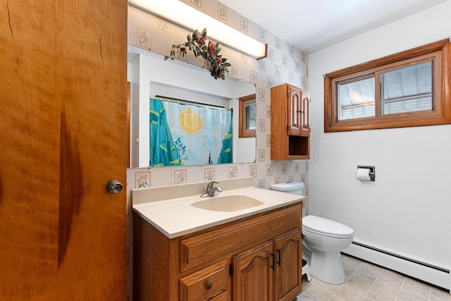 full bathroom with toilet, vanity, baseboard heating, and wallpapered walls