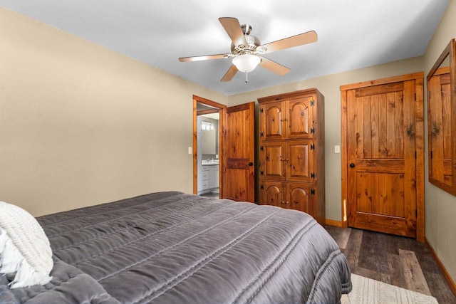 bedroom with baseboards, dark wood finished floors, and a ceiling fan