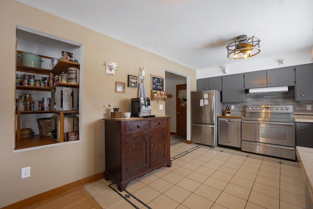 kitchen with stainless steel appliances, light countertops, backsplash, dark brown cabinets, and under cabinet range hood