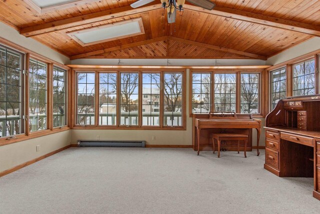 sunroom featuring lofted ceiling with beams, wood ceiling, a baseboard radiator, and a wealth of natural light