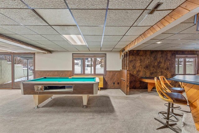 playroom featuring a wainscoted wall, plenty of natural light, and wooden walls