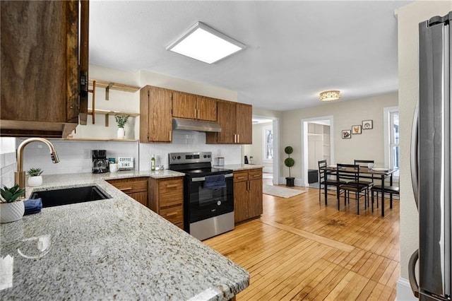 kitchen featuring under cabinet range hood, a sink, light wood-style floors, appliances with stainless steel finishes, and backsplash