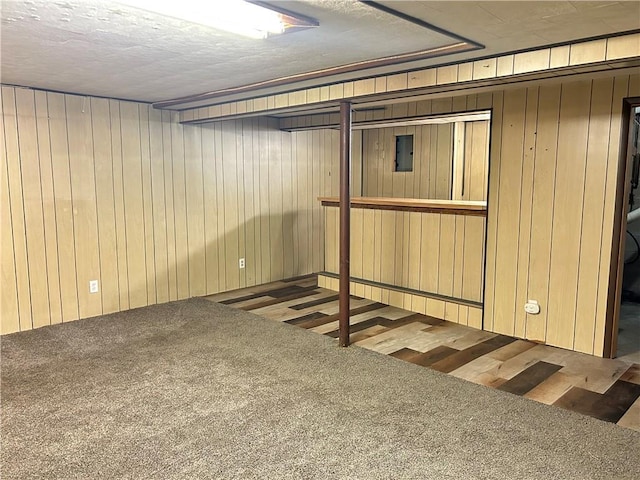 finished basement with wood walls, carpet floors, and wood finished floors