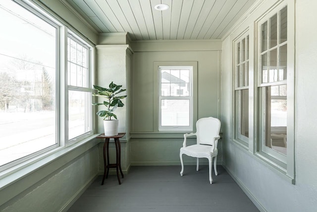 sunroom featuring wooden ceiling