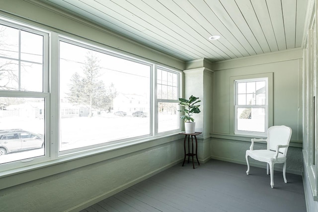 sunroom / solarium featuring wood ceiling