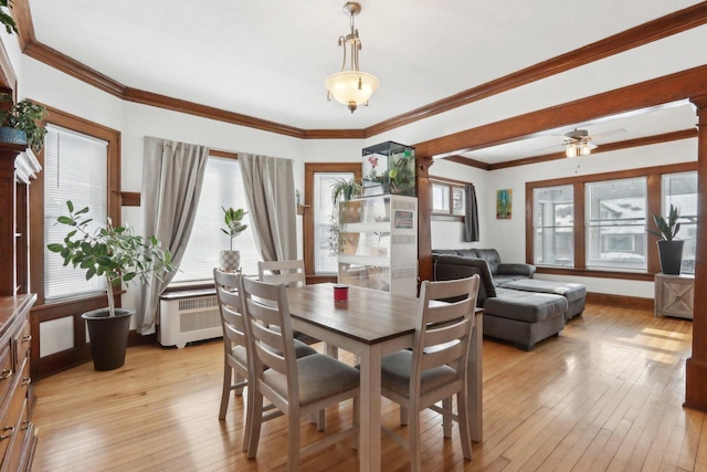 dining space with baseboards, radiator, light wood-type flooring, and crown molding