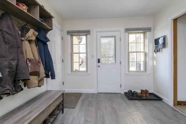 mudroom featuring a wealth of natural light, baseboards, and wood finished floors