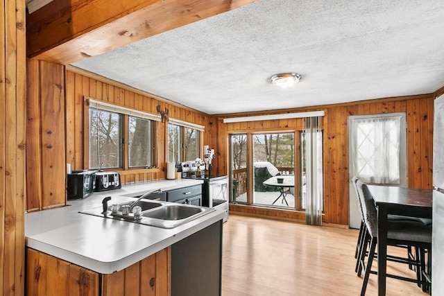 kitchen with electric range, wooden walls, light countertops, and a sink