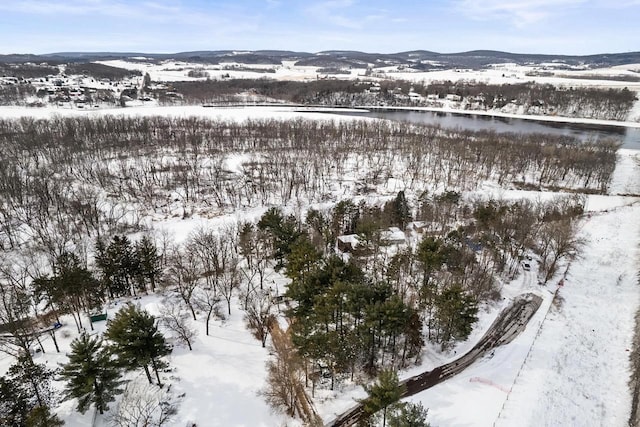 snowy aerial view with a mountain view