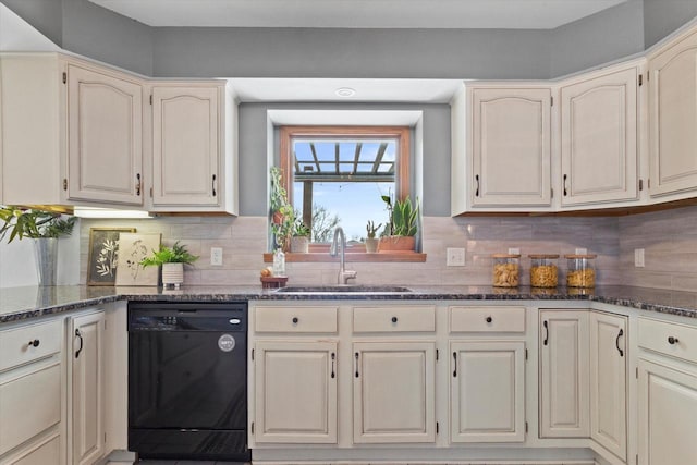 kitchen featuring dark stone countertops, dishwasher, backsplash, and a sink