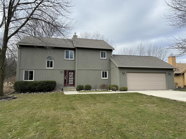 view of front of property featuring a chimney, a shingled roof, concrete driveway, a front yard, and a garage